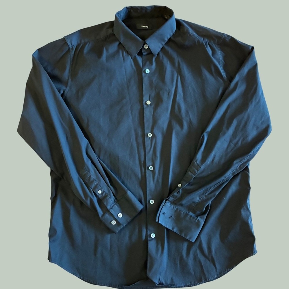 Theory Mens Sylvain Button Down Shirt Black Stretch Poplin Slim‎ Fit XL Long
